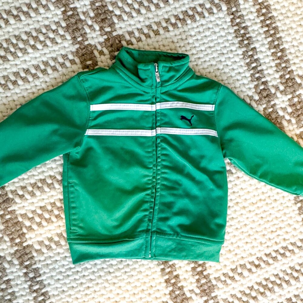 Puma green zip-up track jacket for boys or girls, size 12 months